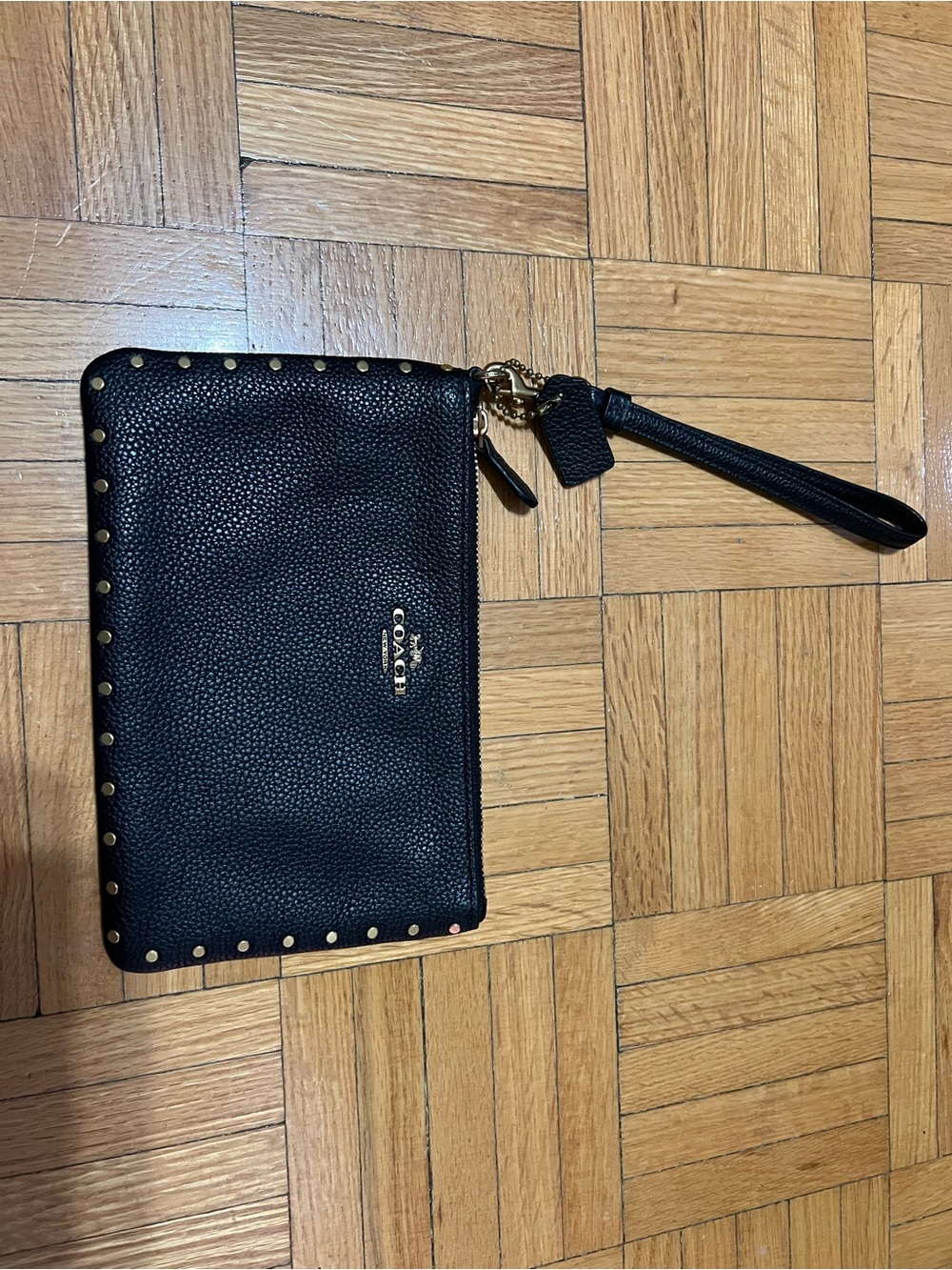 Coach Black Pebbled Leather Studded Wristlet with Gold Hardware